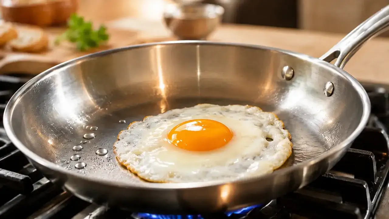Un œuf au plat cuisiné dans une poêle en inox sur le feu. Le jaune est bien rond et orangé, le blanc est légèrement croustillant sur les bords.