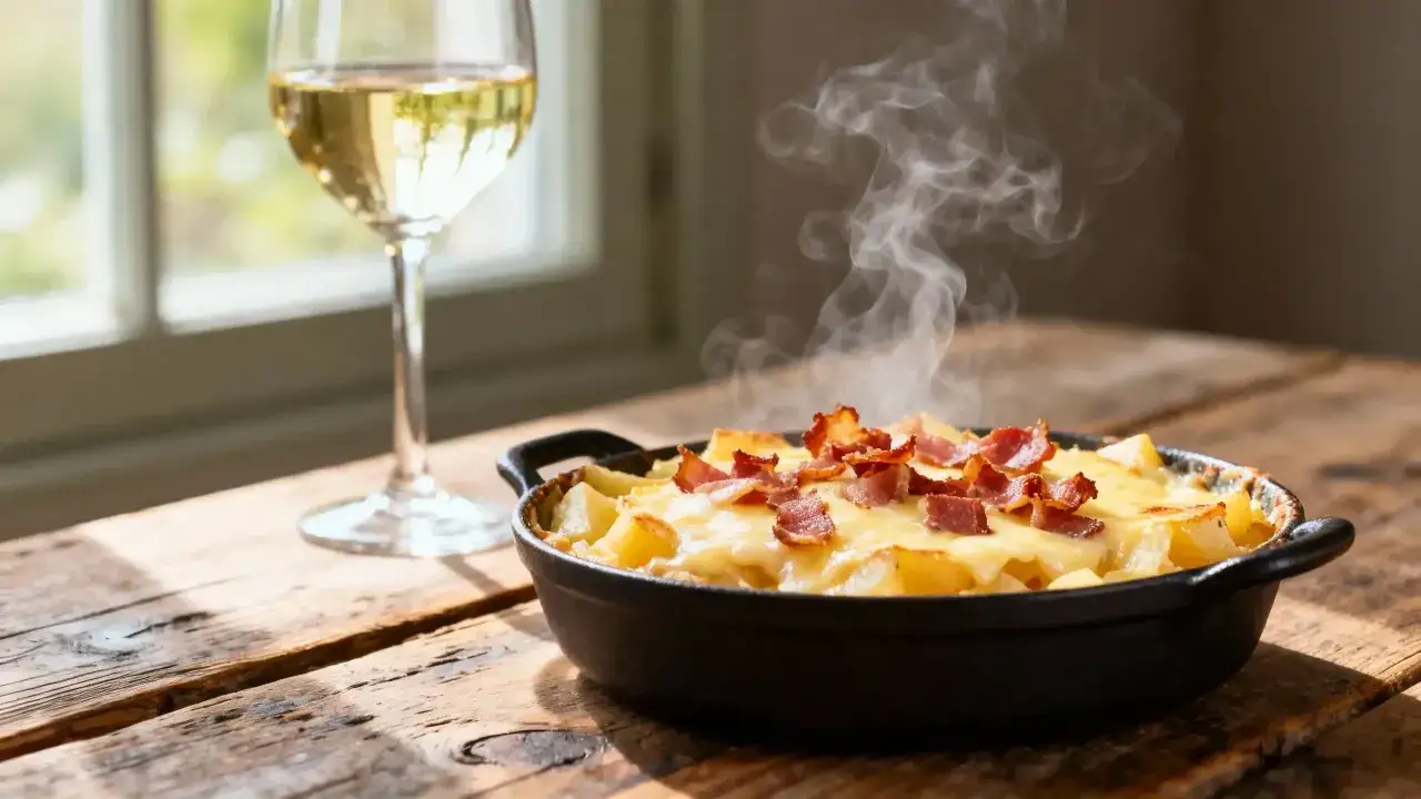 Un verre de vin blanc accompagne une croziflette fumante garnie de lardons croustillants. Quel vin avec croziflette ? Un accord parfait pour ce plat savoyard.