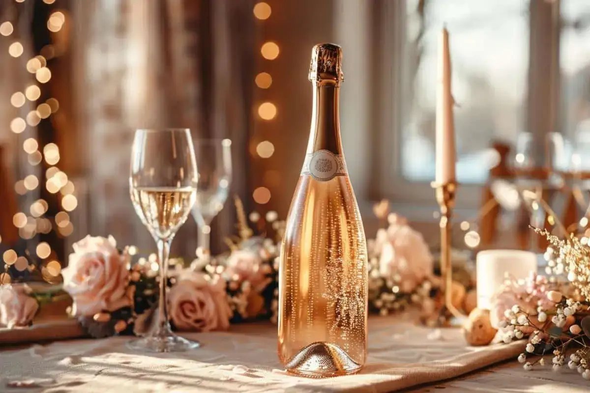 Bouteille de crémant dorée sur une table festive avec des roses et des lumières. Combien de verre dans une bouteille de crémant ? Environ 6 verres.