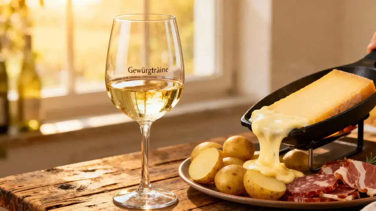 Verre de vin blanc d'Alsace, idéal pour accompagner une raclette savoureuse avec pommes de terre et charcuterie.