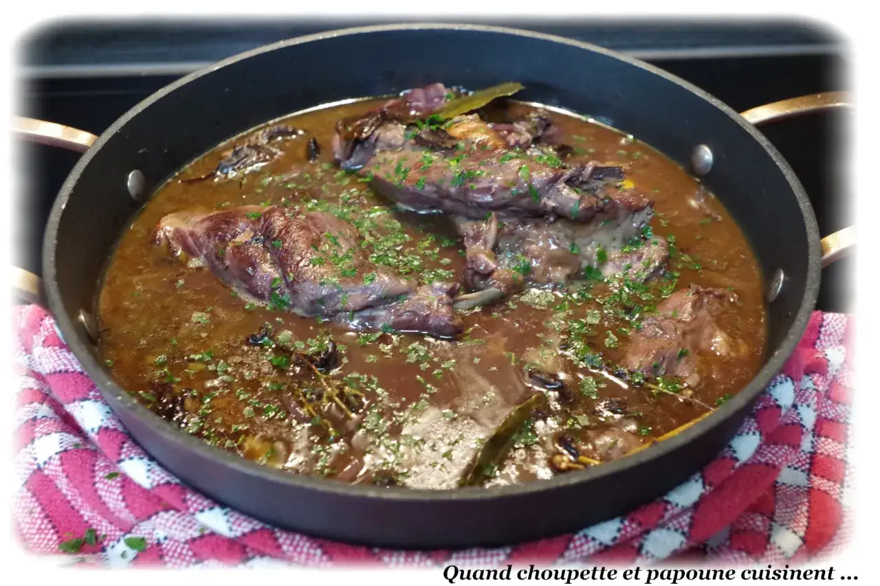 Un plat de lapin mijoté dans une sauce brune, garni de persil frais. Parfait pour savoir quel vin avec du lapin.