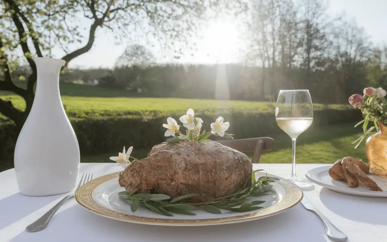 Gigot d'agneau rôti, garni de fleurs, prêt à être dégusté avec un verre de vin blanc. Quel vin avec gigot d'agneau flageolets ?
