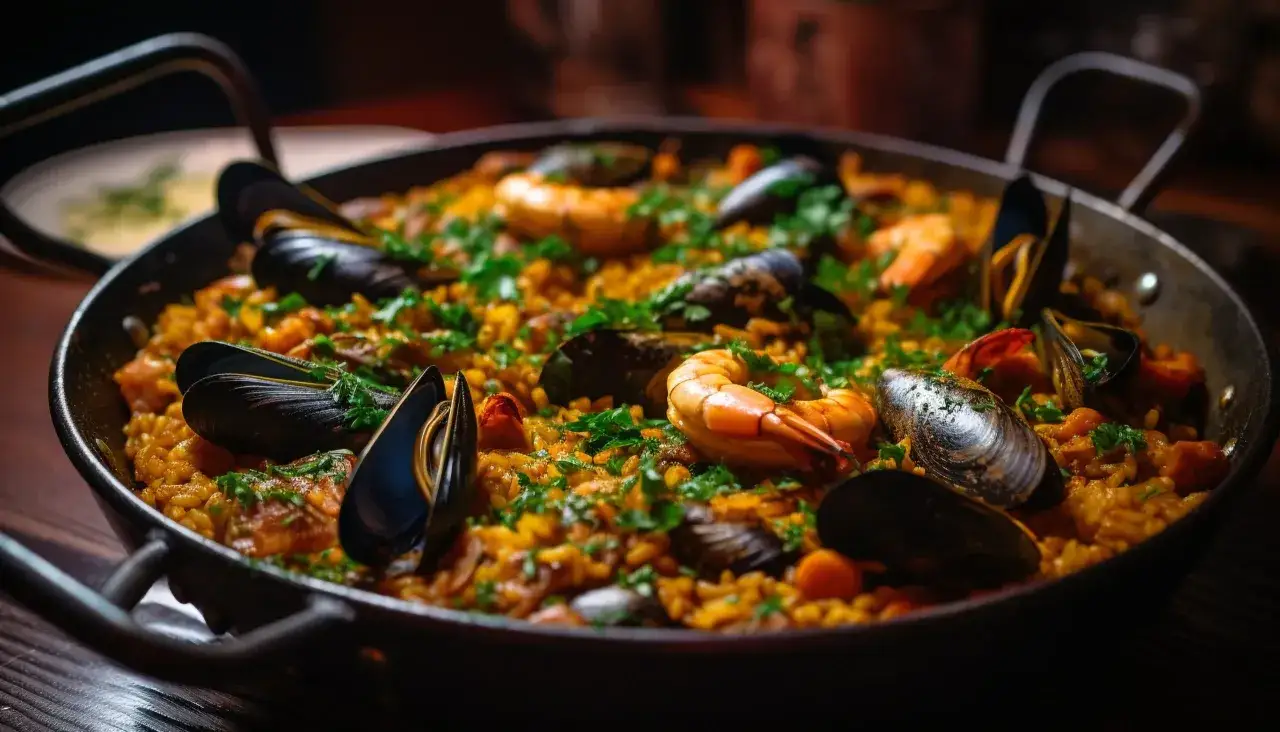 Un plat de paella aux fruits de mer, garni de crevettes et de moules, prêt à être dégusté avec un verre de vin.