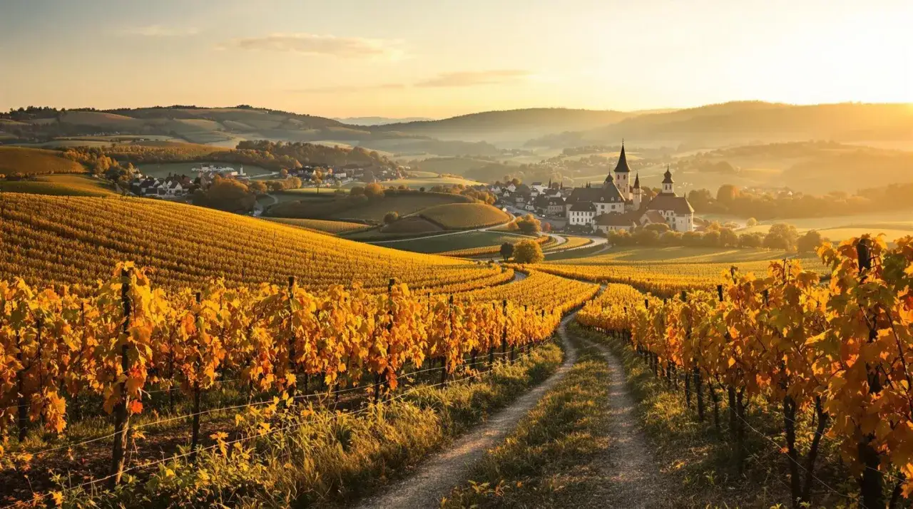 Vignoble alsacien aux couleurs d'automne, baigné par la lumière dorée du soleil couchant. Un chemin serpente à travers les vignes, menant à un village pittoresque. Un paysage digne d'un millésime exceptionnel.
