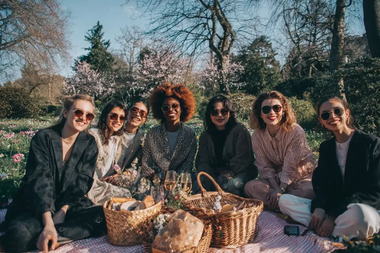 Un groupe de femmes souriantes profite d'un pique-nique en France, entour&eacute;es de fleurs et d'arbres en fleurs. C'est une belle journ&eacute;e pour un evjf en France.