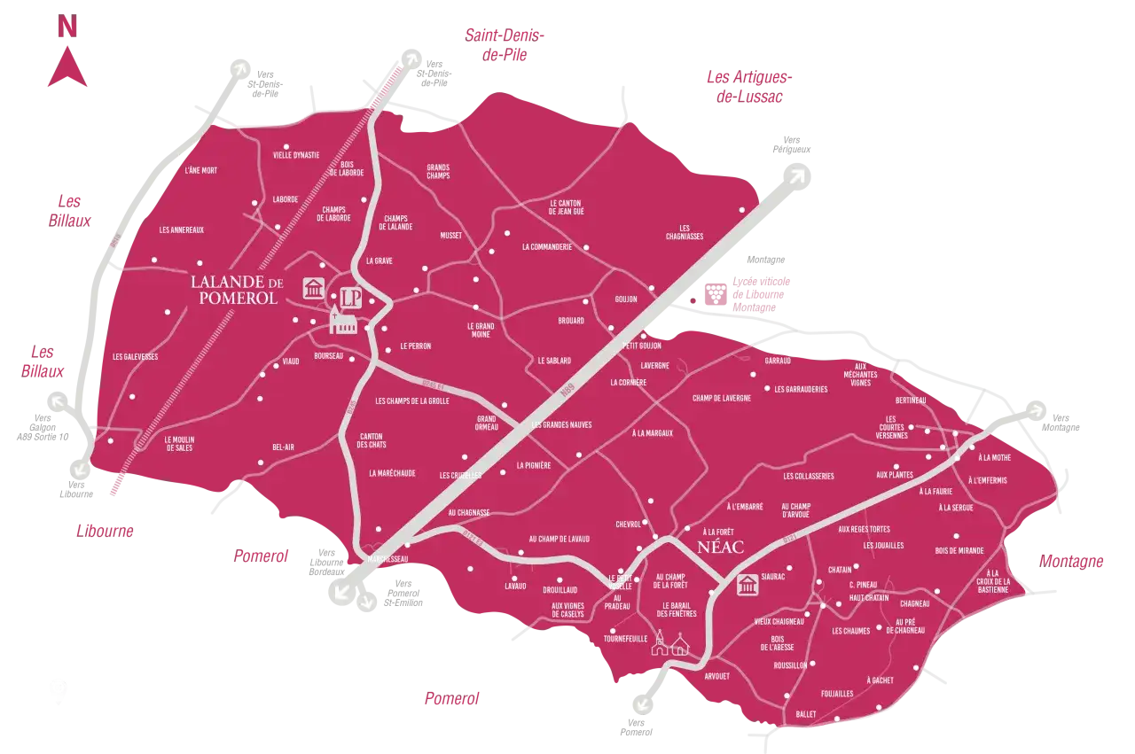 Carte des crus de Lalande-de-Pomerol, explorant les meilleures années et les terroirs.