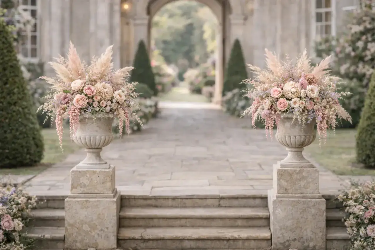 All&eacute;es de pierre orn&eacute;es de vases fleuris roses et poudr&eacute;s, &eacute;voquant un mariage Bridgerton. Des roses, des plumes de pampas et des fleurs tombantes cr&eacute;ent une atmosph&egrave;re romantique.