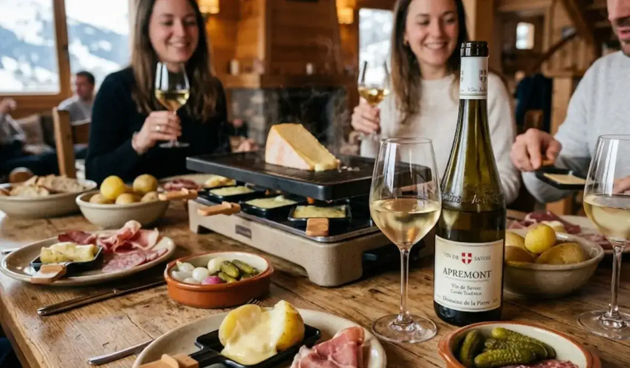 Un groupe d'amis savoure une raclette conviviale, accompagnée d'un vin de Savoie Apremont. Le vin rosé pour raclette est un excellent choix pour ce plat savoyard.