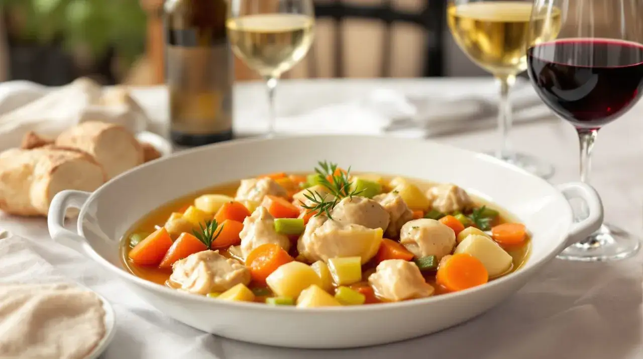 Un plat de poule au pot réconfortant, servi avec du pain et accompagné de vin blanc et rouge. Un délice pour les papilles.