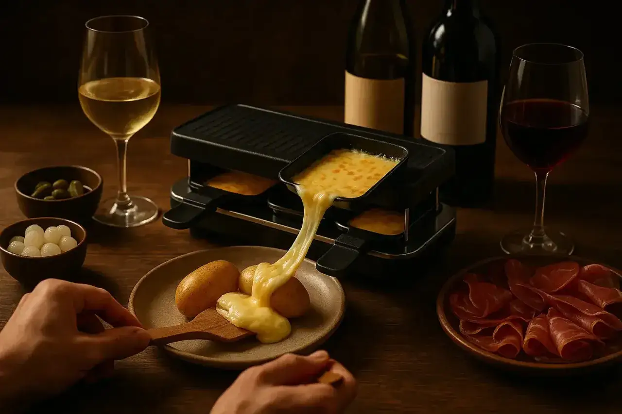 Un délicieux accord vin raclette : fromage fondant, pommes de terre, charcuterie et cornichons.