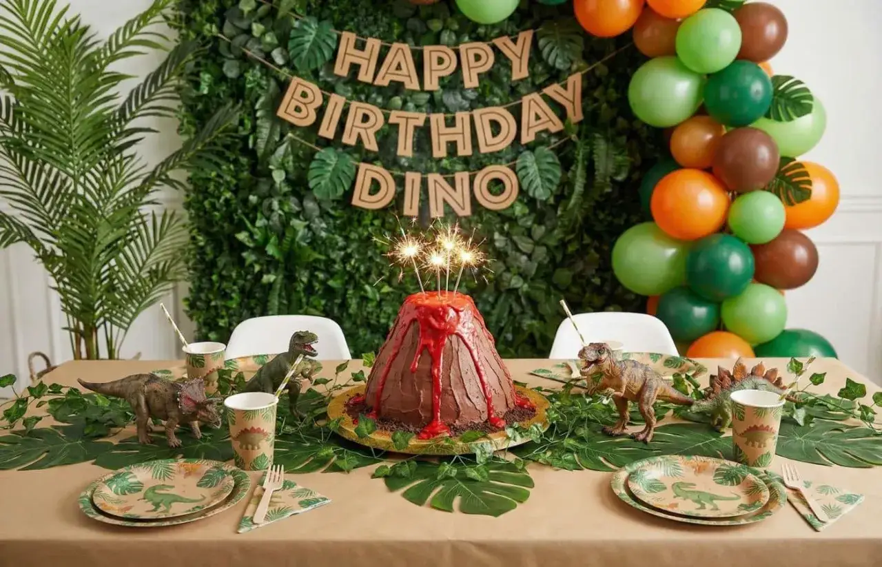 Gâteau volcan et décorations pour une activité anniversaire thème dinosaure. Ballons verts, oranges et bruns, guirlande 