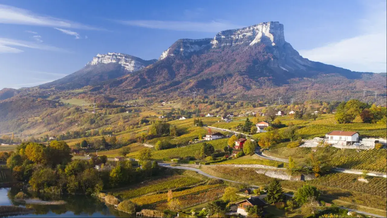 Paysage d'automne en Savoie, avec des vignobles dor&eacute;s et des montagnes majestueuses. Un avis sur le vin de Savoie Abymes s'impose.