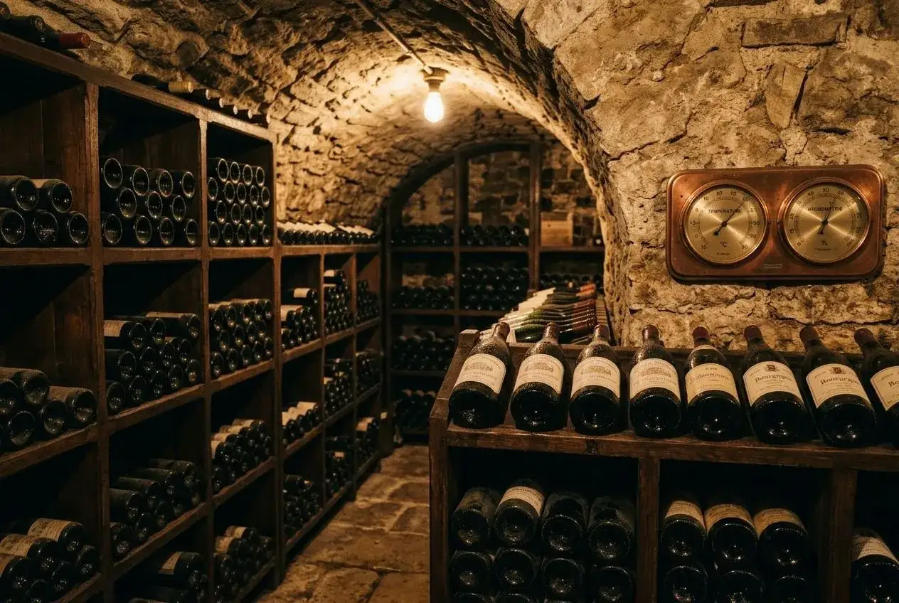 Cave à vin rustique remplie de bouteilles. La question 