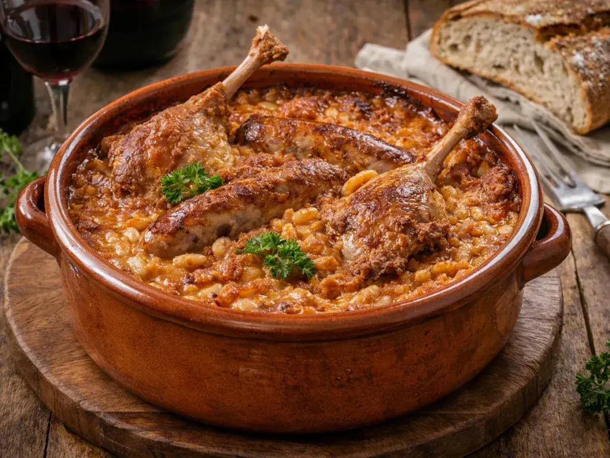 Un plat de cassoulet fumant, avec confit de canard et saucisses, prêt à être dégusté. Quel vin avec le cassoulet ? Un rouge corsé s'impose.