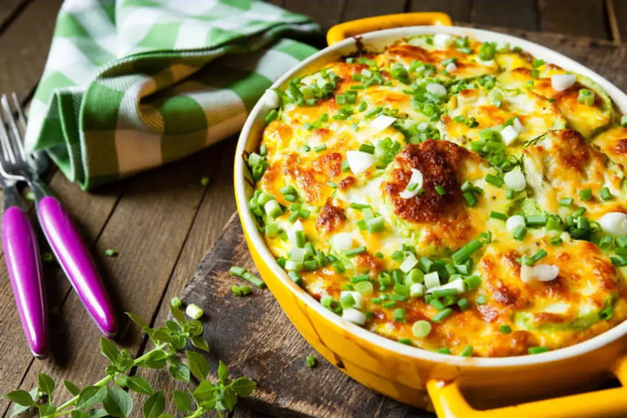 Gratin de courgettes dor&eacute; et gratin&eacute;, garni de ciboule fra&icirc;che. Parfait pour savoir quel accompagnement avec un gratin de courgettes.