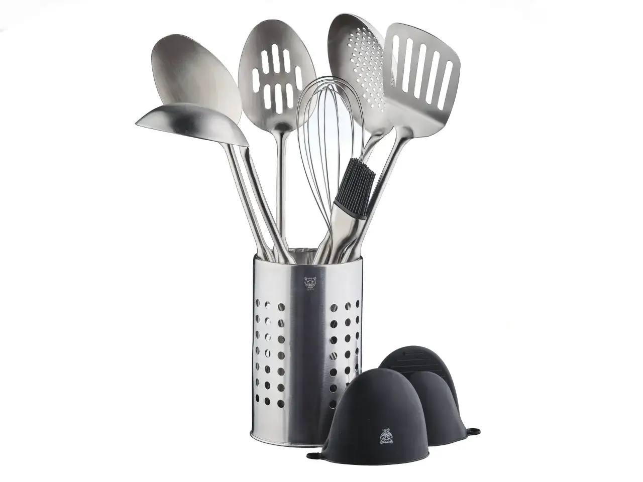 Ensemble d'ustensiles de cuisine en acier inoxydable 304 alimentaire : louche, &eacute;cumoire, fouet, spatules et pince. Deux maniques en silicone noir &agrave; c&ocirc;t&eacute;.