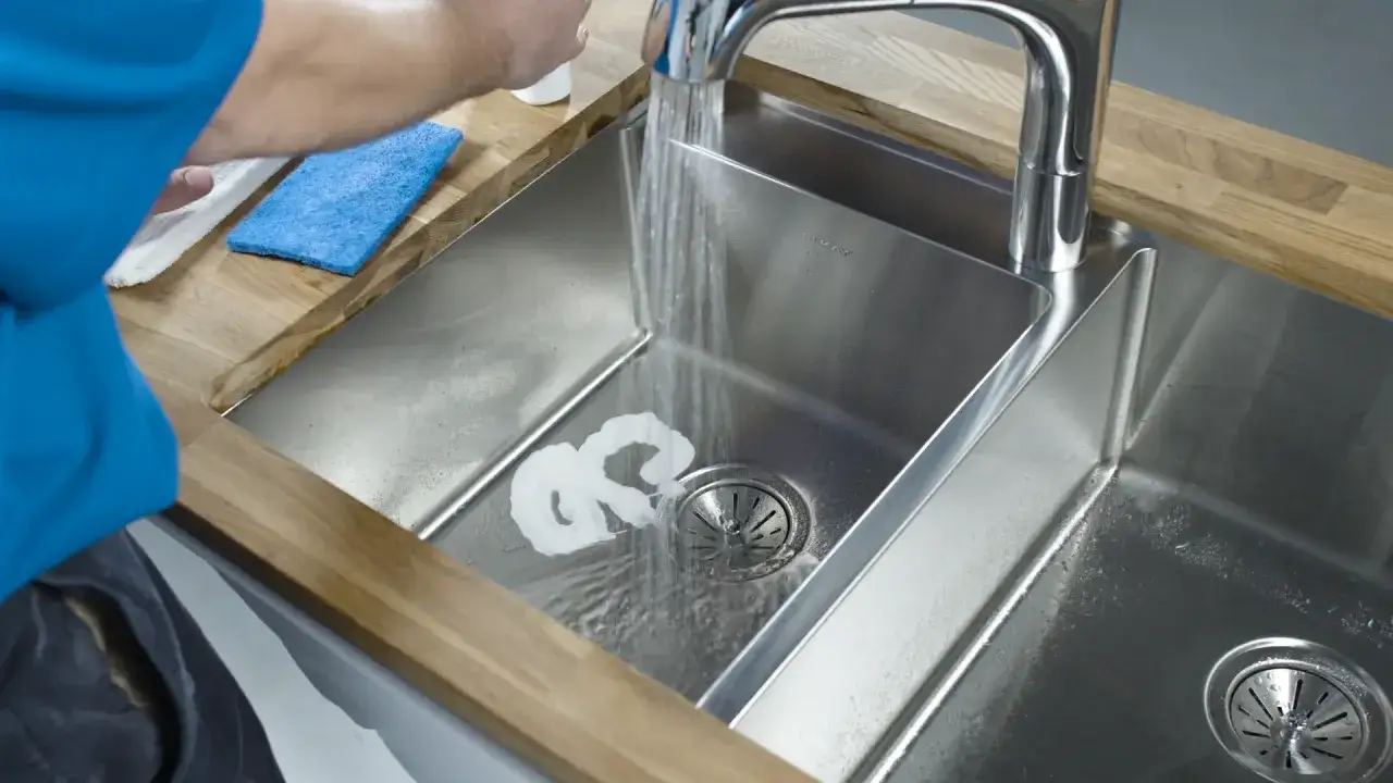 Nettoyer évier inox rayé : de l'eau coule sur une pâte blanche dans l'évier, prêt à être frotté avec une éponge bleue.