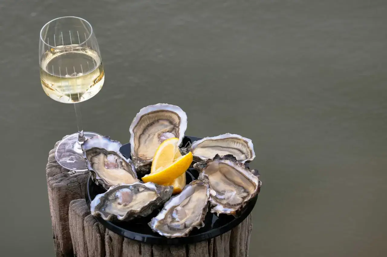 Un verre de vin blanc frais accompagne des huîtres de Marennes sur un plateau, prêt à être dégusté. Quel vin blanc avec les huîtres de Marennes ?