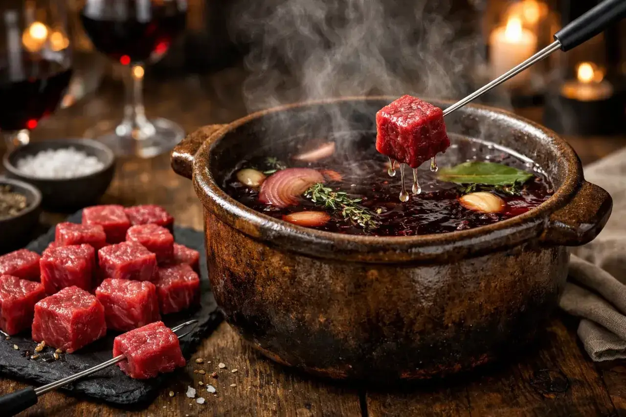 Un morceau de bœuf est plongé dans un bouillon fumant, prêt pour une fondue vigneronne. Des dés de viande attendent sur une ardoise.