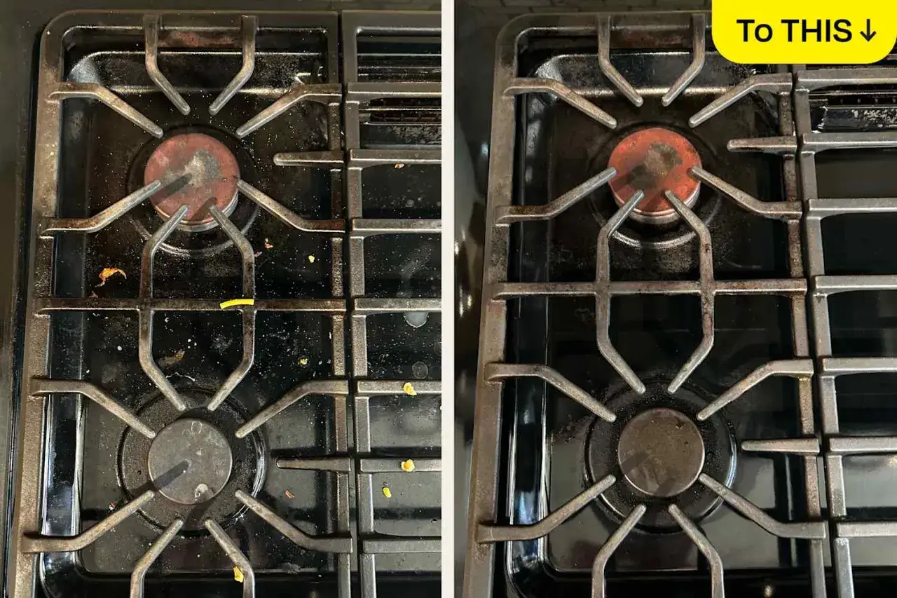 Avant/après : une gazinière sale avec des résidus de graisse brûlée, puis une gazinière propre. Astuce pour nettoyer graisse brûlée gazinière.