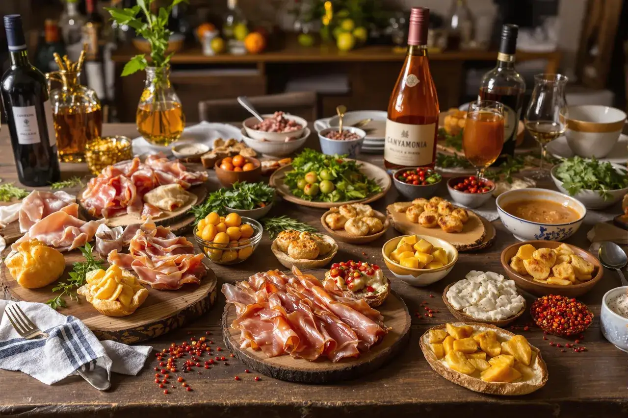 Une table garnie de charcuterie, fromages, olives et fruits, avec une bouteille de vin rosé parfaite pour un apéro dinatoire.