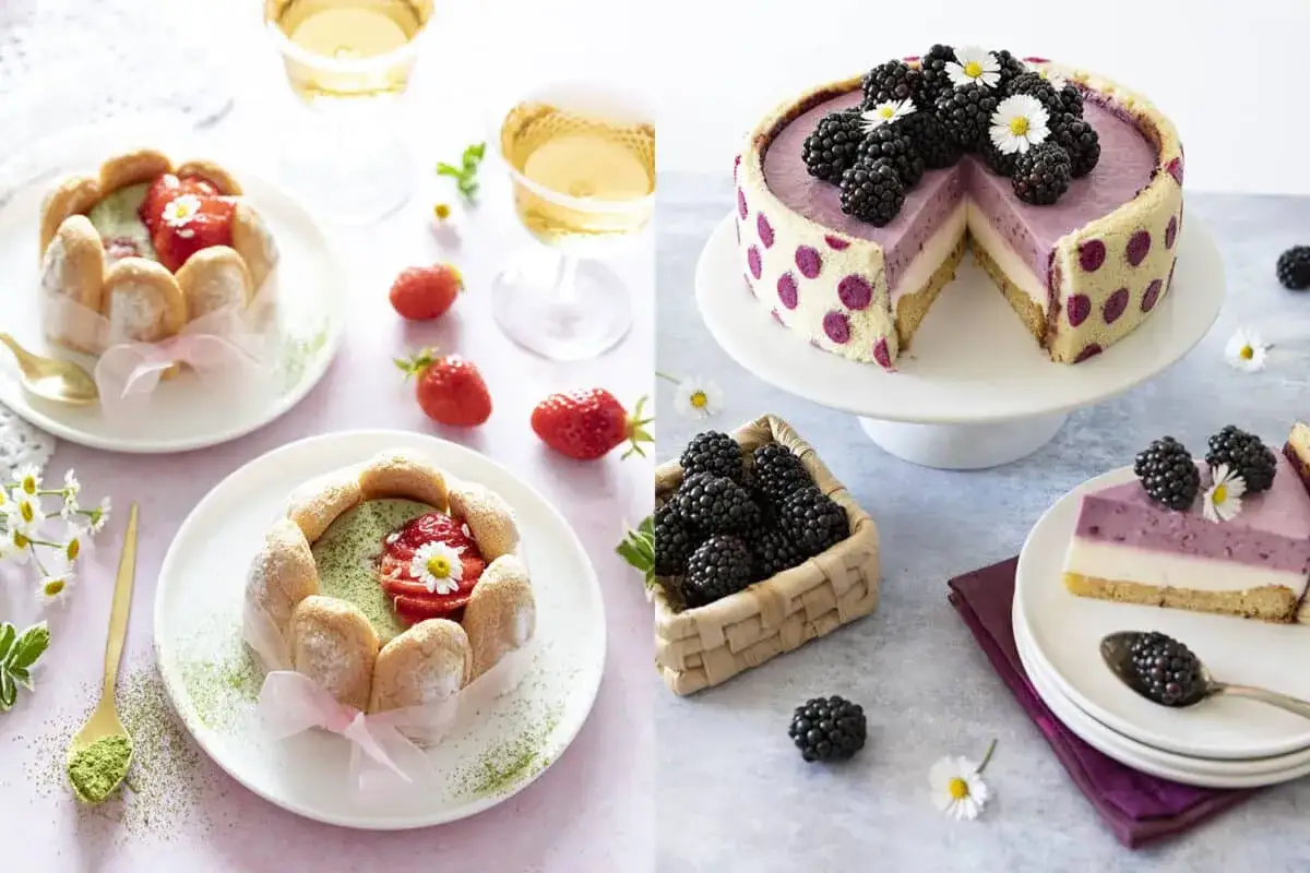 D&eacute;licieux dessert fete des grands mere : charlottes aux fraises et matcha, et g&acirc;teau aux m&ucirc;res. Parfait pour c&eacute;l&eacute;brer !