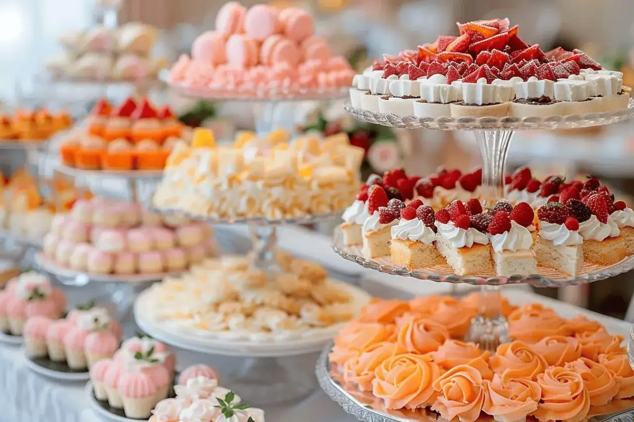 Un buffet de desserts colorés avec macarons roses, tartes aux fruits rouges et gâteaux. Difficile de savoir combien de petit four sucré par personne en dessert, tant il y a de choix !