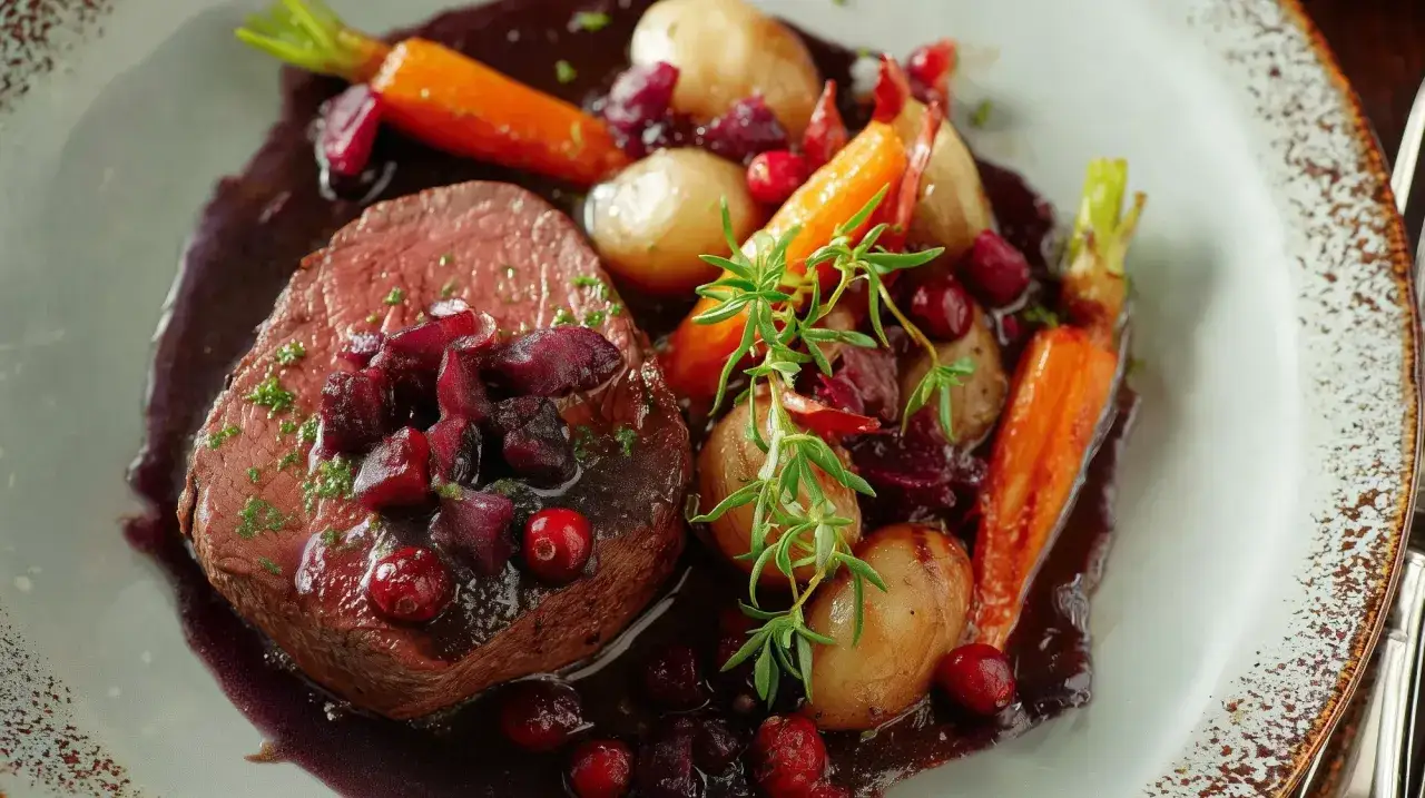 Un plat de chevreuil sauce vin rouge, carottes, pommes de terre et airelles. Quel vin avec du chevreuil ? Un Pinot Noir serait parfait.