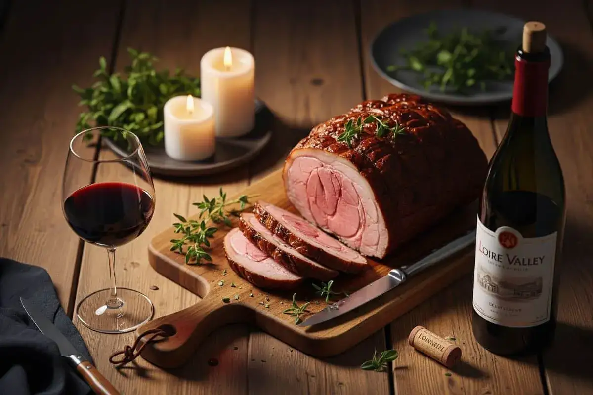 Un rôti de porc juteux, tranché sur une planche en bois, avec un verre de vin rouge et une bouteille. La question 
