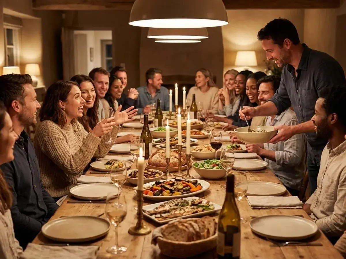 Un d&icirc;ner convivial, une belle id&eacute;e repas pour soir&eacute;e association. Ambiance chaleureuse autour d'une table garnie.