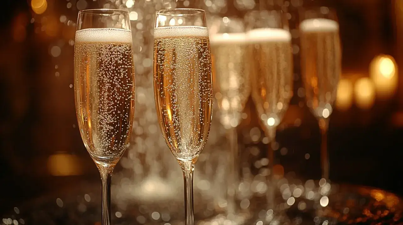 Flûtes de champagne pétillantes, évoquant la différence champagne et mousseux. Lumières douces en arrière-plan.