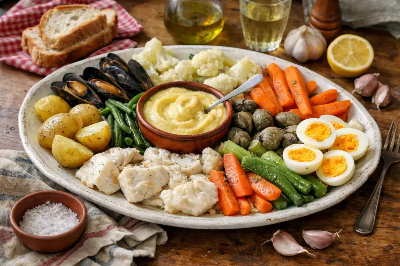 Plat garni de poisson, moules, légumes et œufs durs, servi avec un bol d'aïoli crémeux.