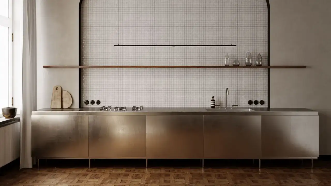 Cuisine moderne avec des armoires en inox qui brillent, un plan de travail en m&eacute;tal, une cr&eacute;dence carrel&eacute;e et une &eacute;tag&egrave;re en bois.