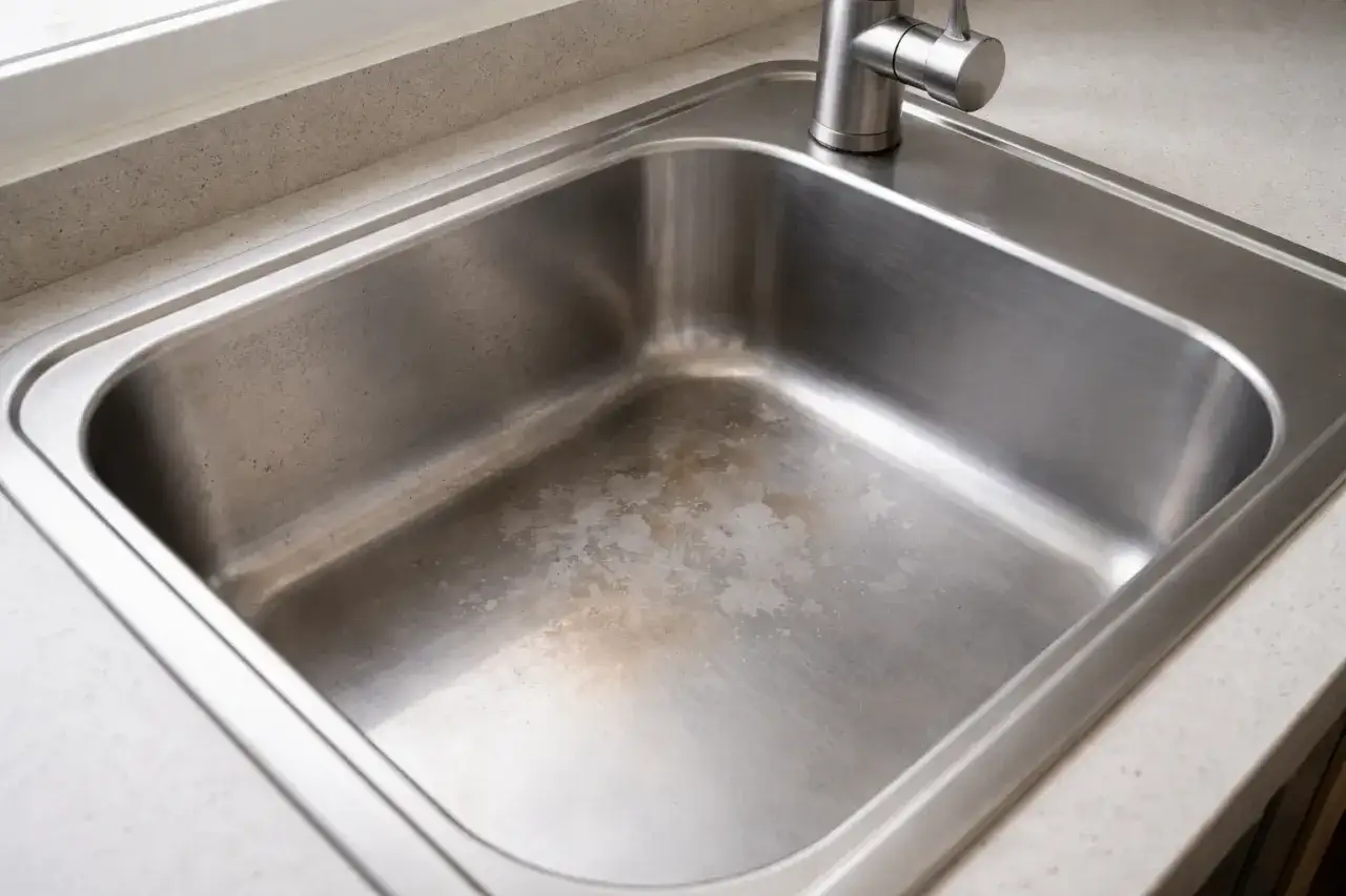 &Eacute;claboussures de javel sur un &eacute;vier en inox, laissant des traces blanch&acirc;tres et jaun&acirc;tres sur le m&eacute;tal.