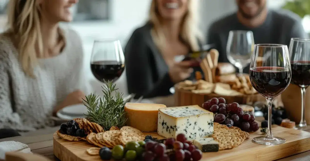 Un plateau de fromages variés, raisins et crackers, accompagné de verres de vin rouge. Parfait pour savoir quel vin rouge avec un plateau de fromage varié.