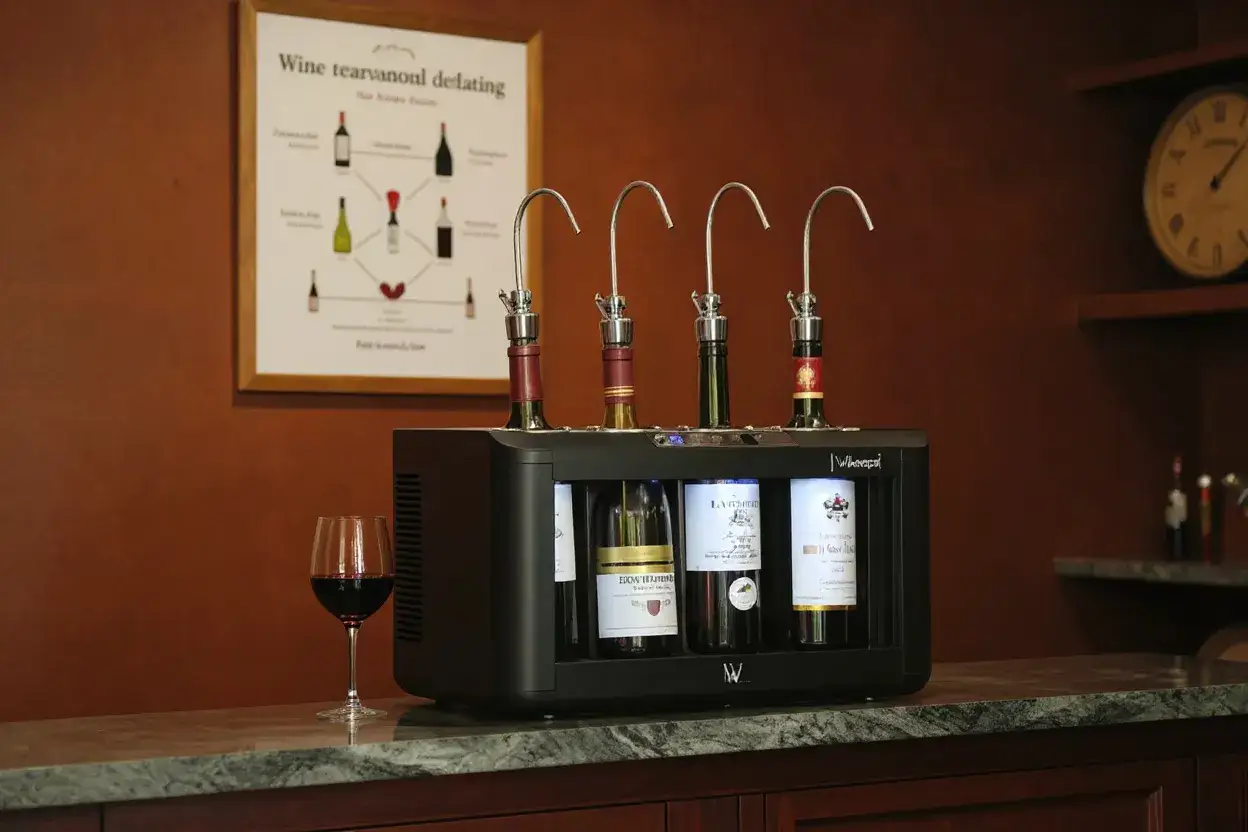 Système de conservation de vin avec 4 bouteilles, dont un bourgogne rouge, prêt pour le temps de garde. Verre de vin à côté.
