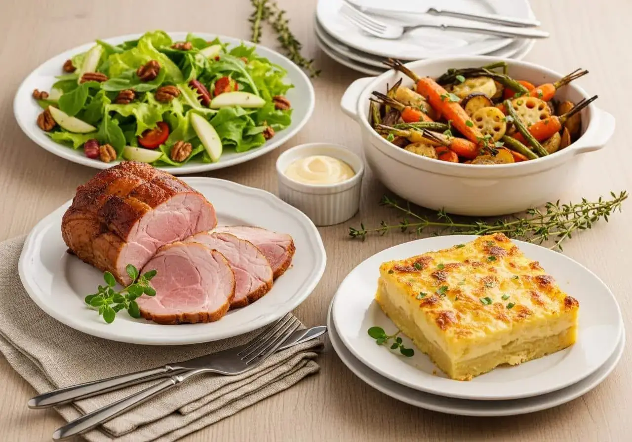 Un r&ocirc;ti de porc froid tranch&eacute;, servi avec une salade verte aux noix et pommes, des l&eacute;gumes r&ocirc;tis, un gratin dauphinois et une sauce. Parfait pour un repas d'&eacute;t&eacute;.