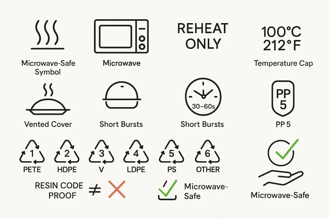 Symboles pour récipients en plastique : micro-ondes, réchauffage court, température max, et codes de résine. Vérifiez si votre contenant en mélamine est adapté au micro onde.