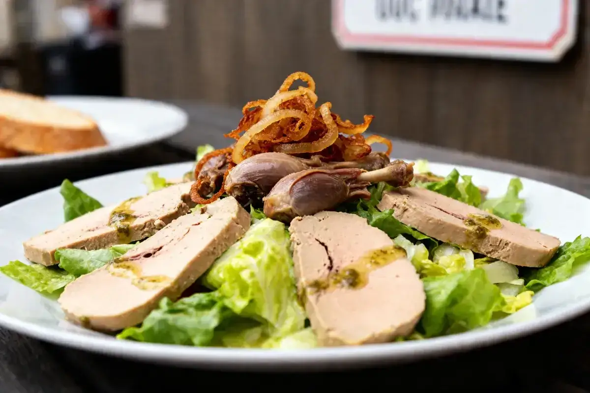 Salade Landaise avec foie gras, confit de canard et oignons frits. Quel vin avec une salade landaise ? Un vin blanc moelleux ou un rouge léger.