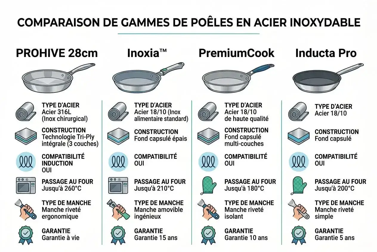 Comparaison de poêles en acier inoxydable : Prohive, Inoxia, PremiumCook, Inducta Pro. Le meilleur inox pour votre cuisine.