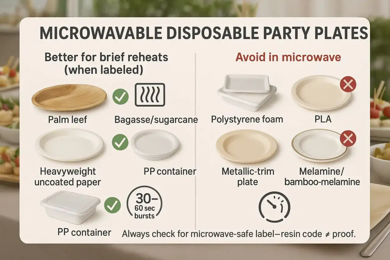 Guide sur les assiettes jetables au micro-ondes. Évitez polystyrène, PLA, et mélamine. Le inox micro onde n'est pas mentionné, mais les assiettes en feuille de palmier, bagasse, papier non couché et PP sont ok.