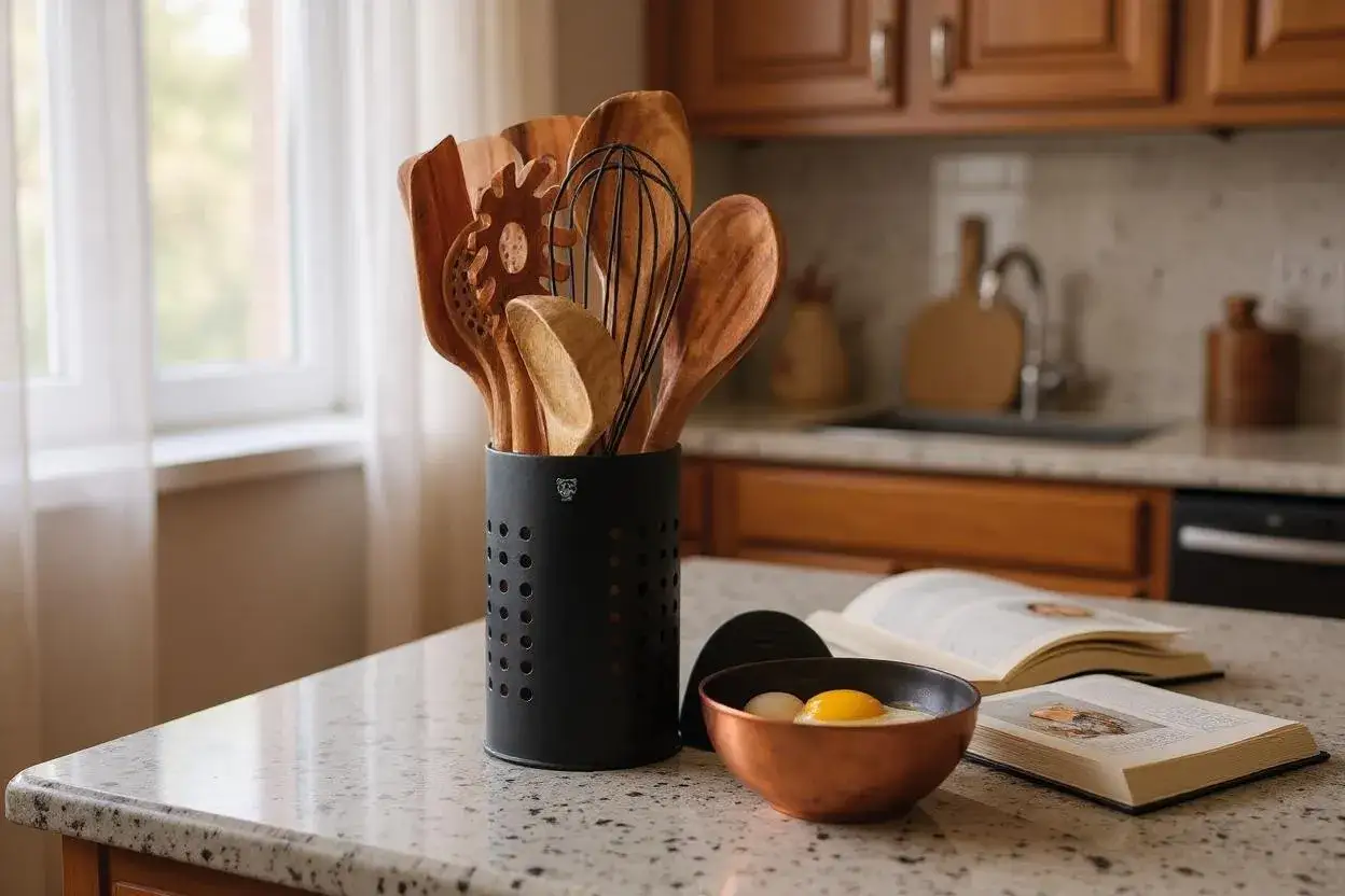 Un pot noir contient une liste d'ustensiles de cuisine en bois, dont une spatule et un fouet. &Agrave; c&ocirc;t&eacute;, un bol en cuivre avec des &oelig;ufs et un livre de recettes ouvert.