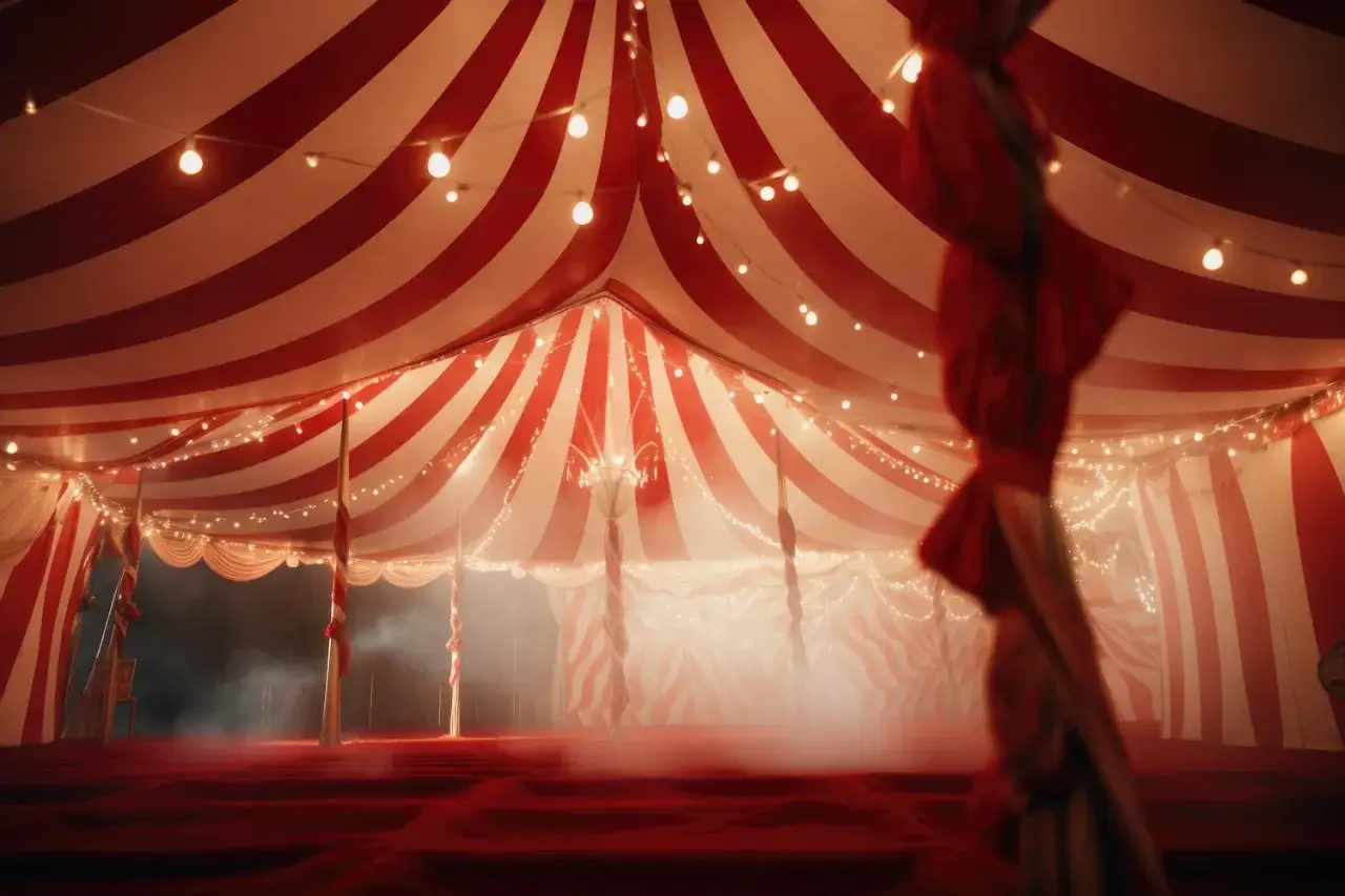 Sous le chapiteau rouge et blanc, des guirlandes lumineuses scintillent. Un d&eacute;cor f&eacute;erique pour un mariage cirque inoubliable.