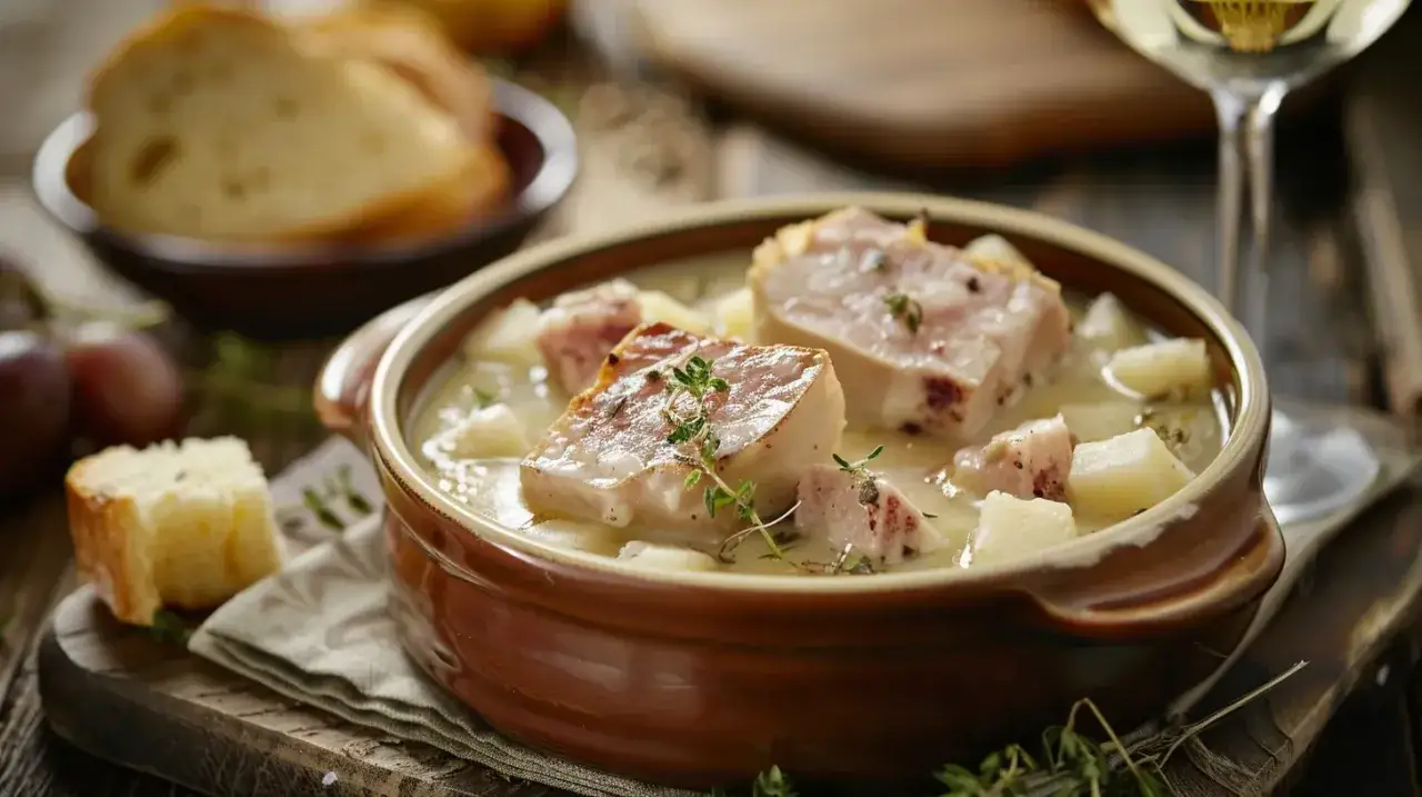 Blanquette de veau crémeuse avec pommes de terre, pain et un verre de vin d'Alsace. Quel vin d'Alsace avec une blanquette de veau ? Un Riesling sec serait parfait.