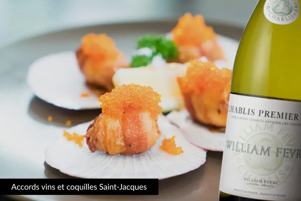 Coquilles Saint-Jacques garnies de caviar, parfaites avec un Chablis. Quel vin avec blanquette de poisson ? Un blanc minéral comme ce Chablis Premier Cru.