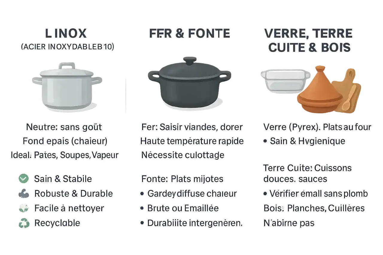 Casserole en acier inoxydable (inox) comparée à la fonte et à la terre cuite. L'inox est neutre, sain et durable.