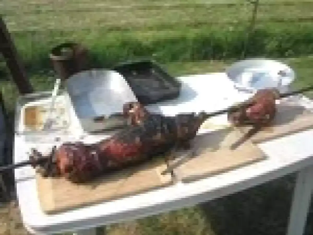 Un cochon de lait grillé sur une broche, prêt à être dégusté. Quel vin avec cochon de lait grillé ? Un rouge corsé serait parfait.