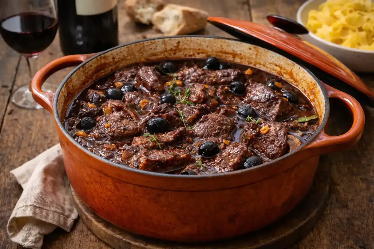 Daube mijotée aux olives, un plat savoureux qui appelle un bon vin rouge. Quel vin rouge pour cuisiner une daube ? Un Côtes du Rhône ou un Bourgogne feront merveille.