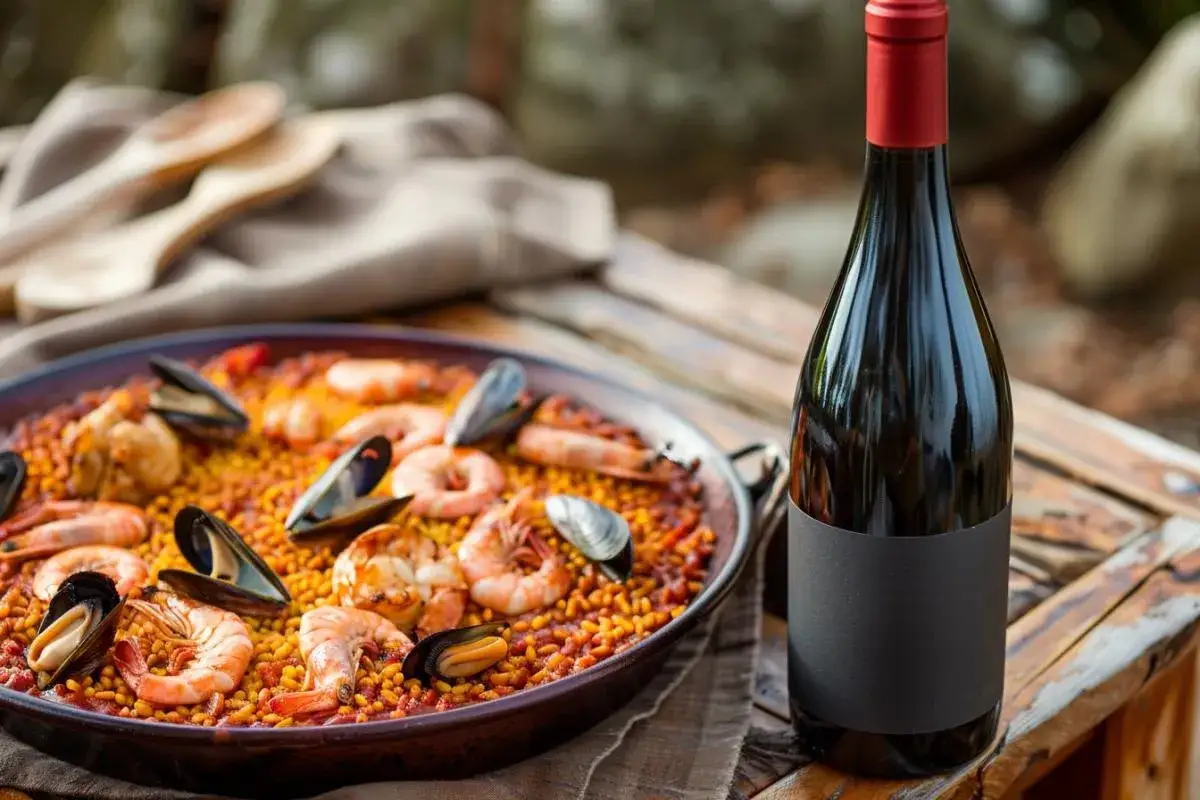 Un plat de paella aux fruits de mer et crevettes, accompagné d'une bouteille de vin rouge.