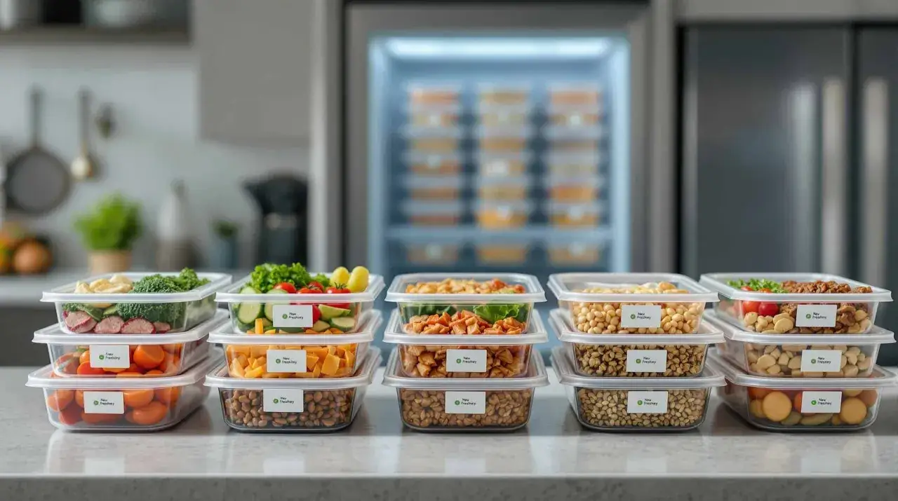 Des r&eacute;cipients empil&eacute;s de plats pr&eacute;par&eacute;s, pr&ecirc;ts &agrave; &ecirc;tre congel&eacute;s. Une solution pour savoir si peut on congeler un plat cuisin&eacute;.